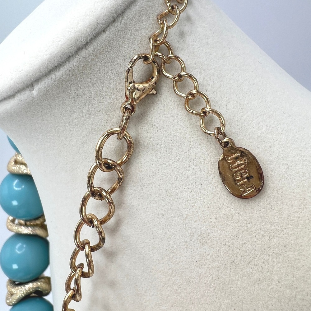Lucia Statement Necklace Blue Gold Chunky Oversized Bead Knot Textured - Picture 3 of 9